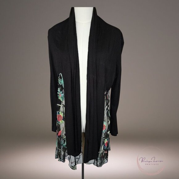 Kim & Cami Embroidered Mesh Floral Cardigan – Black Sheer Boho Layering Piece - Picture 1 of 12